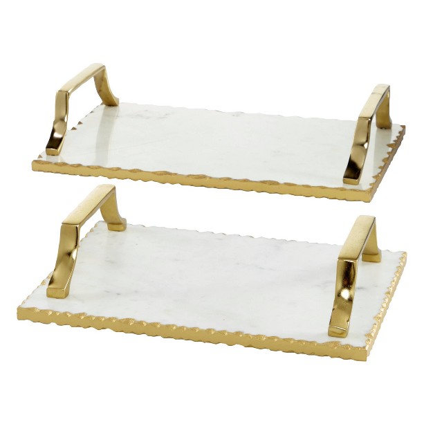 Set Of 2 Rectangular Marble Tray With Metal Handles Gold Olivia amp May