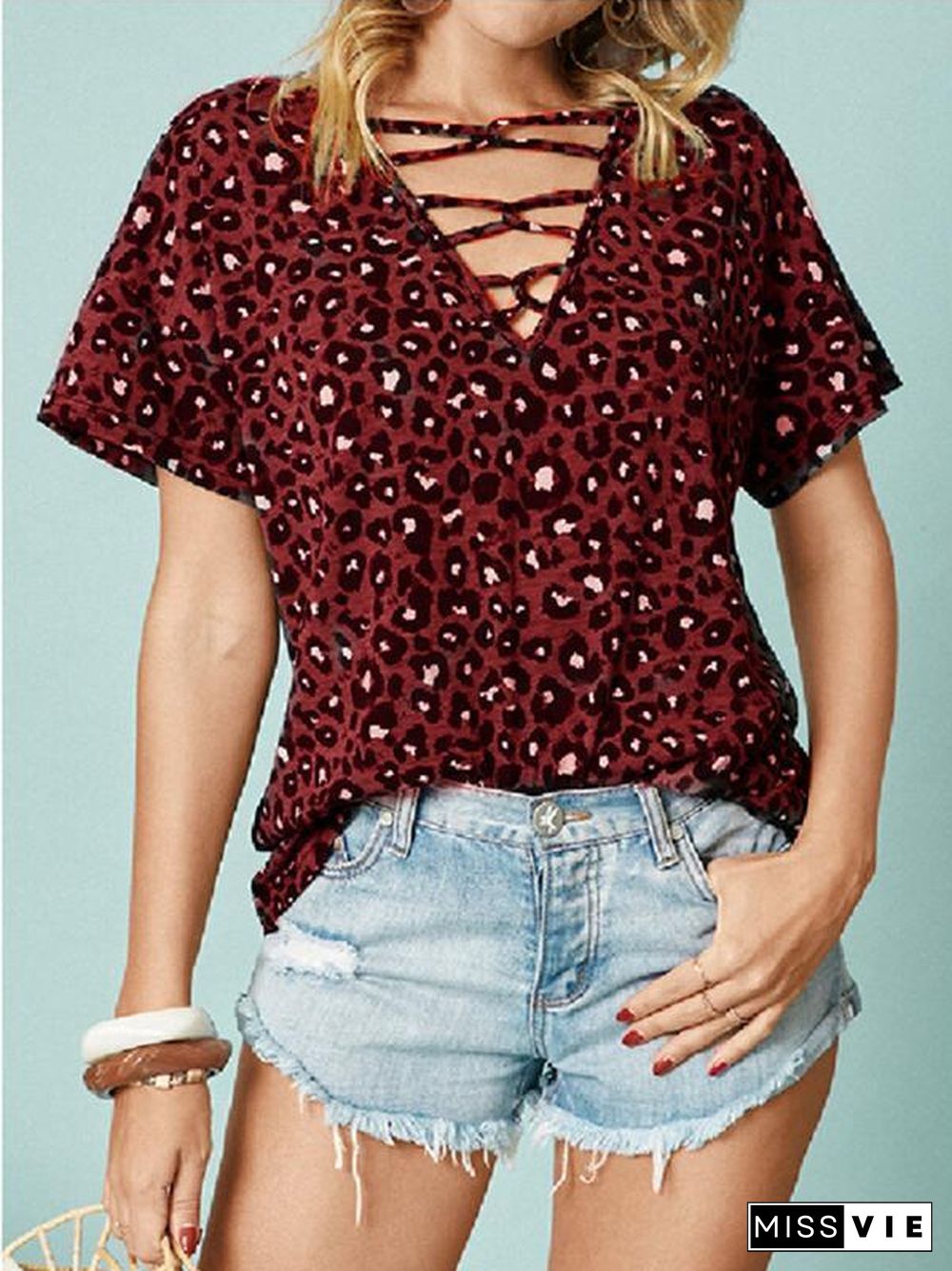 Women's Short Sleeve V-neck Leopard Printed Tops T-shirts