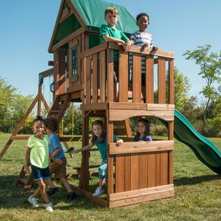 Swing-N-Slide Playsets Elkhorn Ready-To-Assemble Outdoor Wooden Playset with Slide Rock Wall Swings and Backyard Swing Set Accessories WS 8357