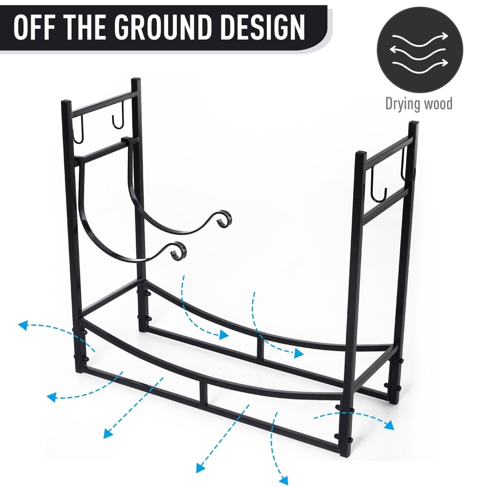 Outsunny Wrought Iron Metal Heavy Duty Firewood Rack Indoor   Outdoor with Fireplace Tool Set