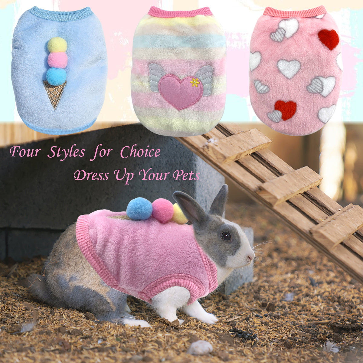 Vehomy 4 Pieces Bunny Clothes for Rabbits- Small Animal Guinea Pig Warm Vest Clothes Costume Soft T-Shirt for Kitten Ferret Chihuahua Puppy Mini Dog and Small Animals XS