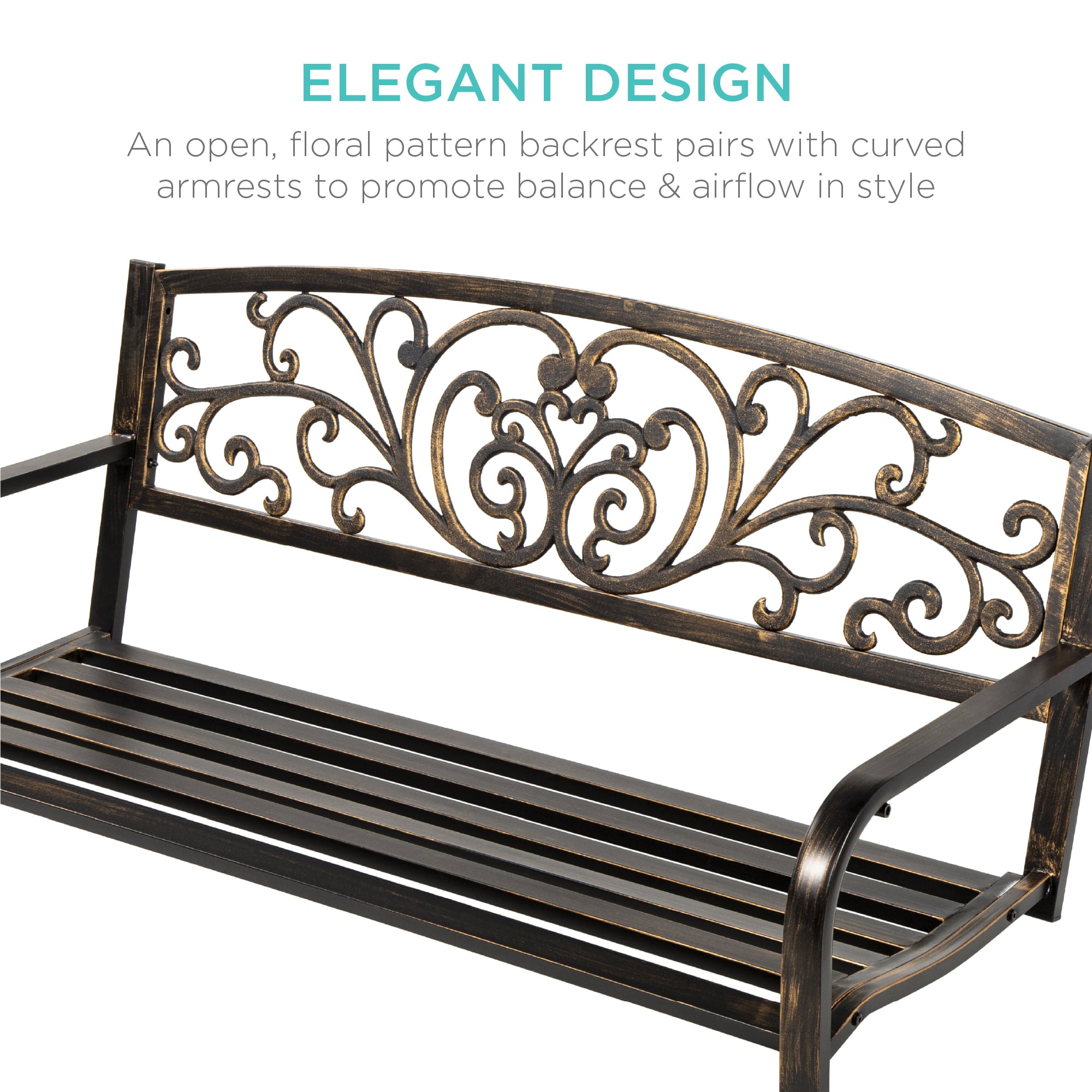 Best Choice Products 2-Person Metal Outdoor Porch Swing, Hanging Steel Patio Bench w/ Floral Accent - Bronze