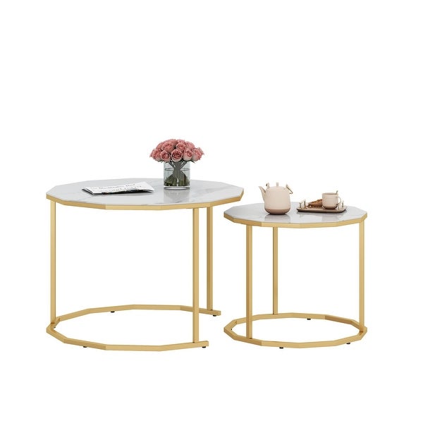 Nesting Coffee Table Modern Center Table Waterproof Side Table with White Artificial Marble Top End Table with Metal Frame