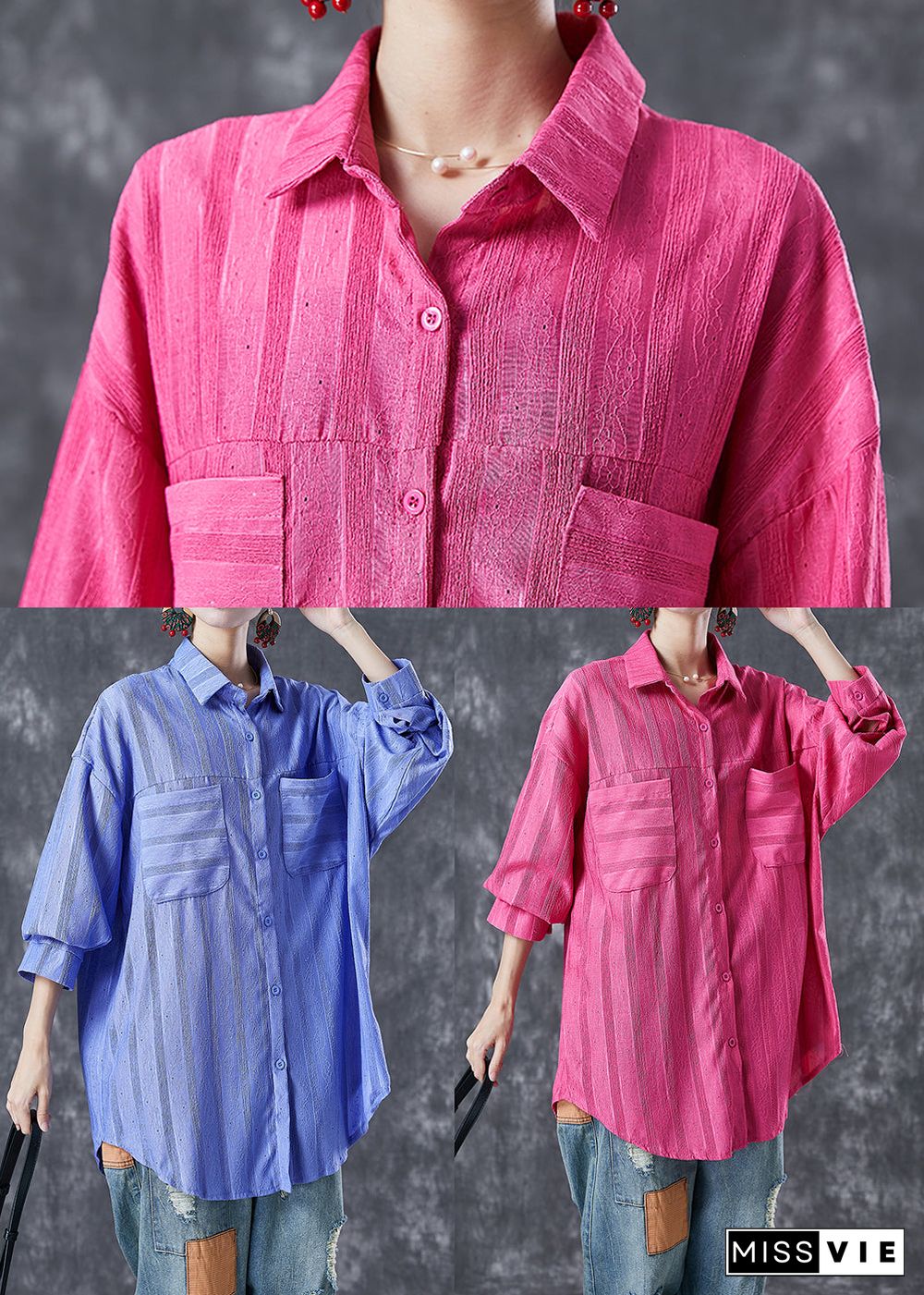 Modern Rose Oversized Striped Cotton Shirt Top Summer