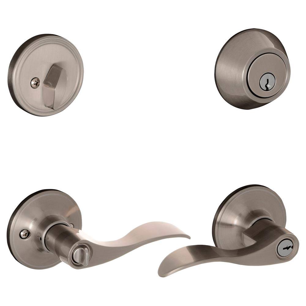 ESSENTIALS by Schlage Millstreet Satin Nickel Single Cylinder Deadbolt and Keyed Entry Door Handle Combo Pack VC60 V MST 619