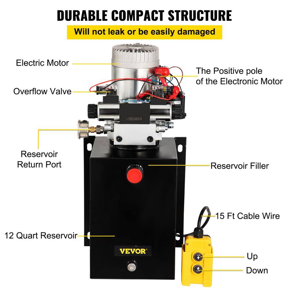 VEVOR Hydraulic Power Unit 12-Volt Electric Hydraulic Cylinder Pump 12 qt. for Dump Trailer Lift Gates and Trucker CZYYB12KDDCDB0001M2