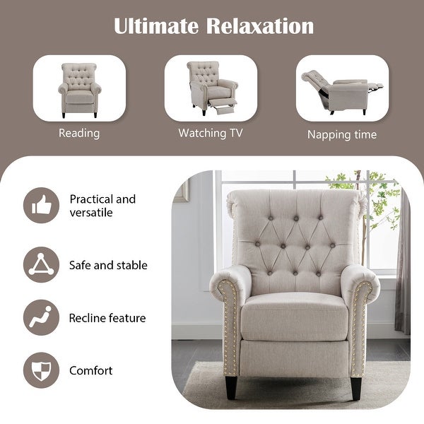 Classic Pushback Linen Tufted Recliner with Nailheads for Living Room， Bedroom， Office