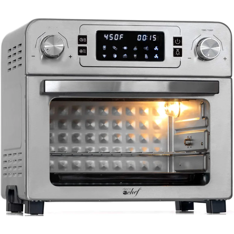 Deco Chef DGTQAIRSTS 24 QT Stainless Steel Countertop 1700 Watt Toaster Oven with Built-in Air Fryer and Included Rotisserie Assembly， Grill Rack， Frying Basket， and Baking Pan