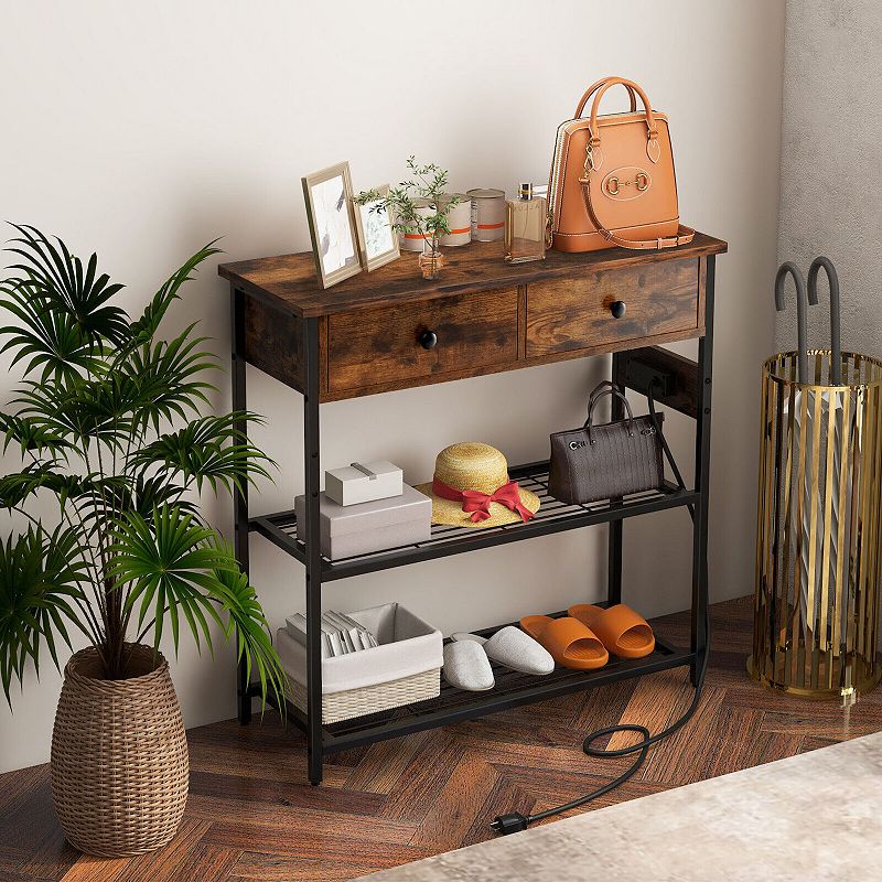 Narrow Console Table With 2 Drawers And 2 Metal Mesh Shelves