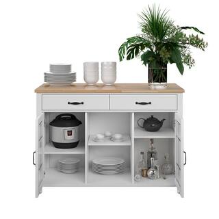 Twin Star Home Brilliant White and Wood Top 50 in. Kitchen Island with Cabinets and Optional Casters KC8671-PF08