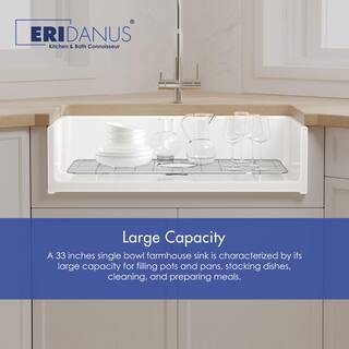 Eridanus Denbigh Crisp White Fireclay 33 in. Single Bowl Farmhouse Apron Kitchen Sink with Bottom Grid and Basket Strainer ERI-FS-105