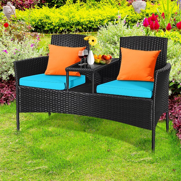 Tangkula Outdoor Rattan Furniture Wicker Patio Conversation Chair W cushions Turquoise