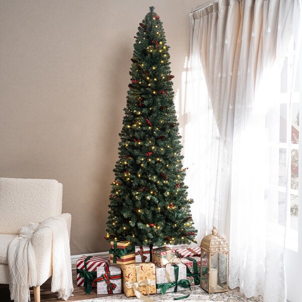 6.5ft Pencil Christmas Tree Prelit preDecorated with Pine Cones Red Berries 250 Warm Lights and Metal Stand