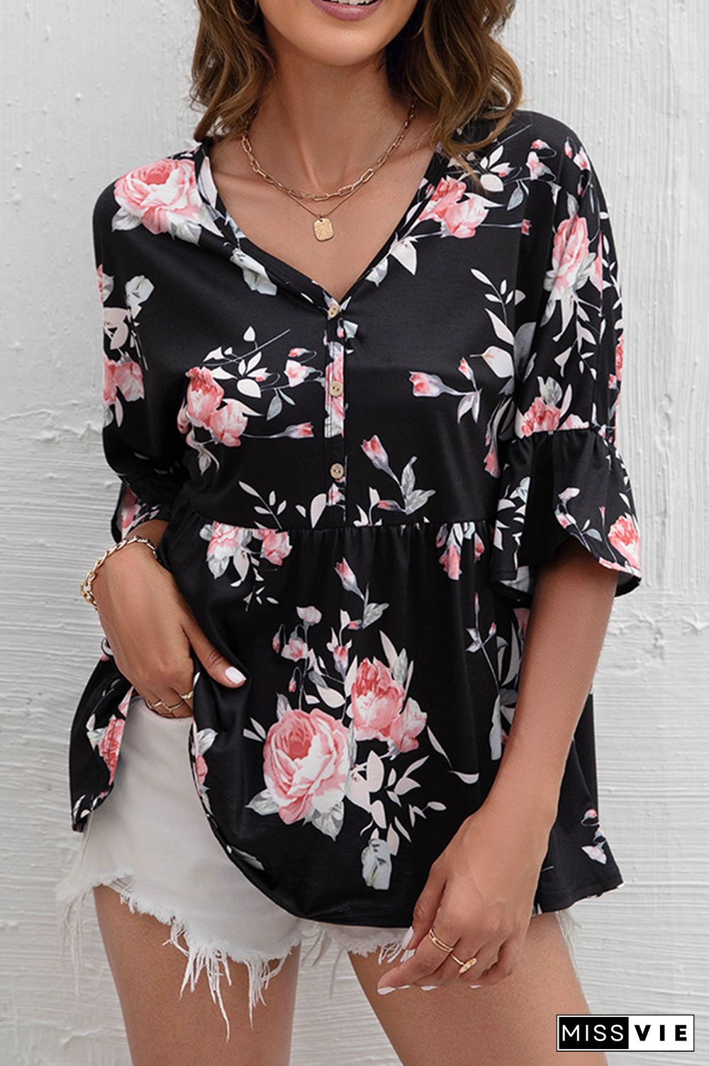 Floral Print V Neck Button Ruffle Blouse Wholesale