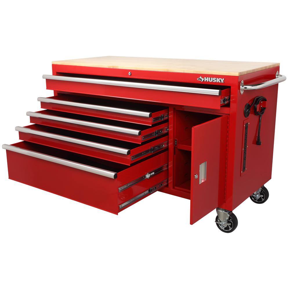 Husky 56 in. W x 25 in. D Standard Duty 5-Drawer 1-Door Mobile Workbench Tool Chest with Solid Wood Top in Gloss Red H56MWC5GRXD