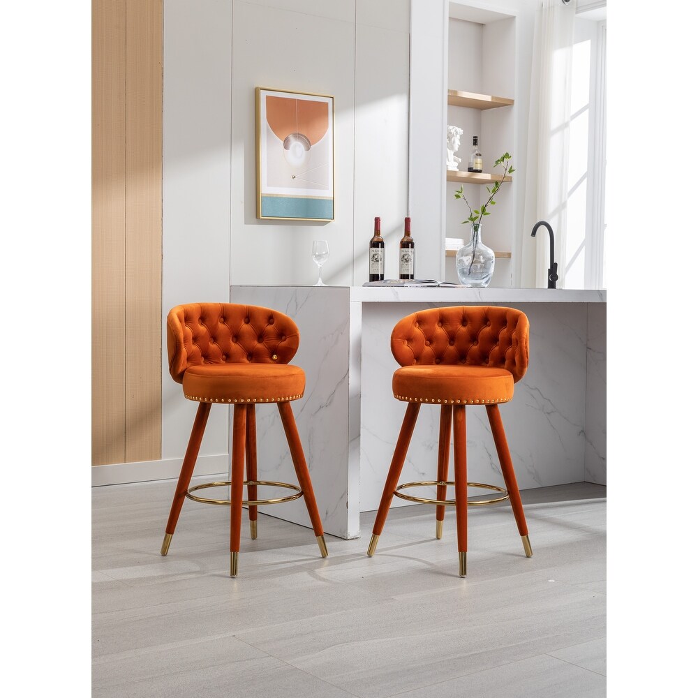 Velvet Counter Height Bar Stools  Upholstered Bar Chairs with Nailhead Trim   Footrest  Dining Room Chairs  Set of 2  Orange