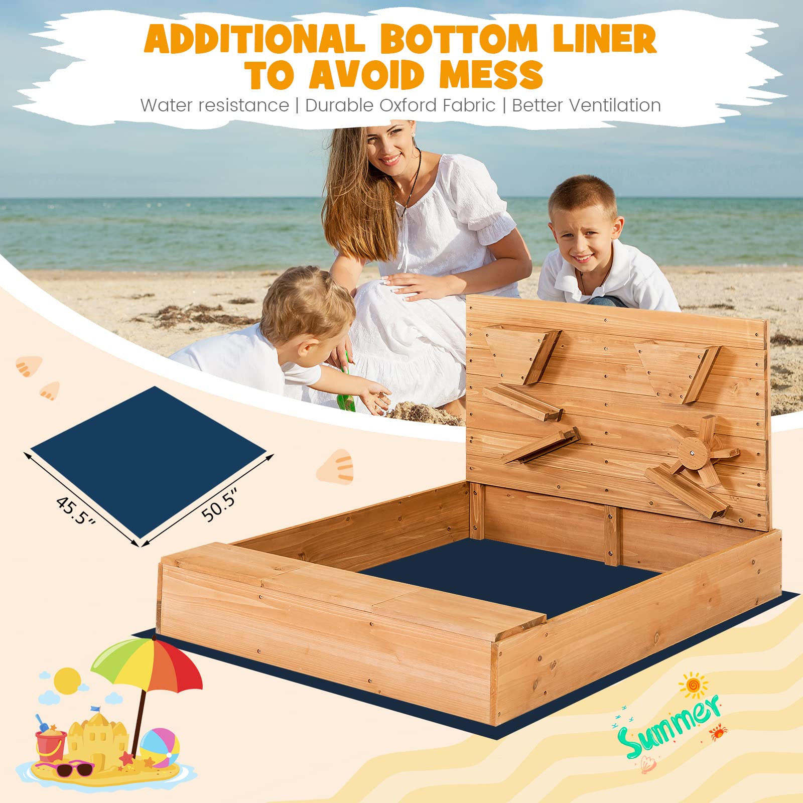 Costzon Wooden Sandbox with Cover, Sand Wall, Bottom Liner, Bench Seat with Toy Storage Space, Waterproof Coating, Kids Outdoor Play