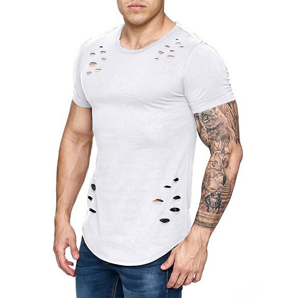 Men's Slim Fit Ripped T-shirt Summer Fashion Crewneck Short Sleeve Tops