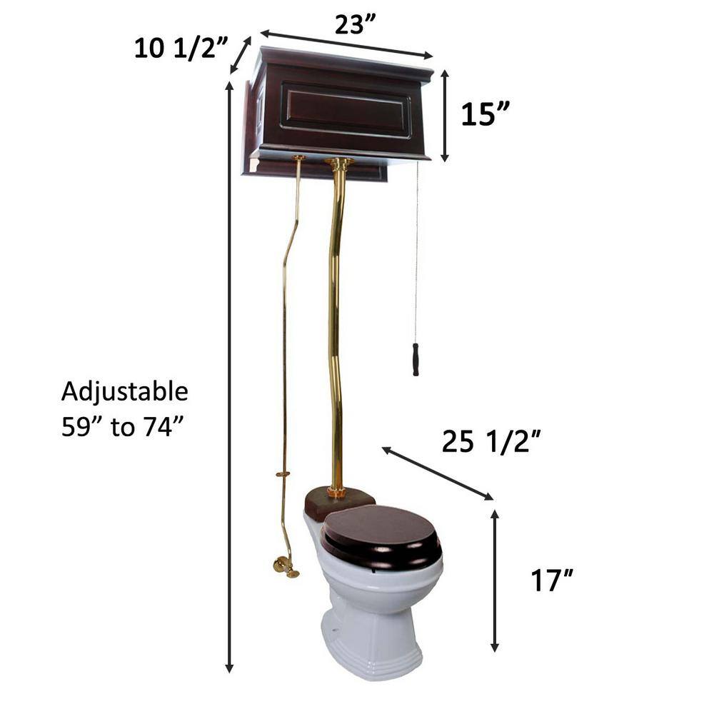 RENOVATORS SUPPLY MANUFACTURING Cornish High Tank Toilet 2-Piece 1.6 GPF Single Flush Round Bowl in White Dark Oak Tank and Brass Pipe Seat Not Included 20162