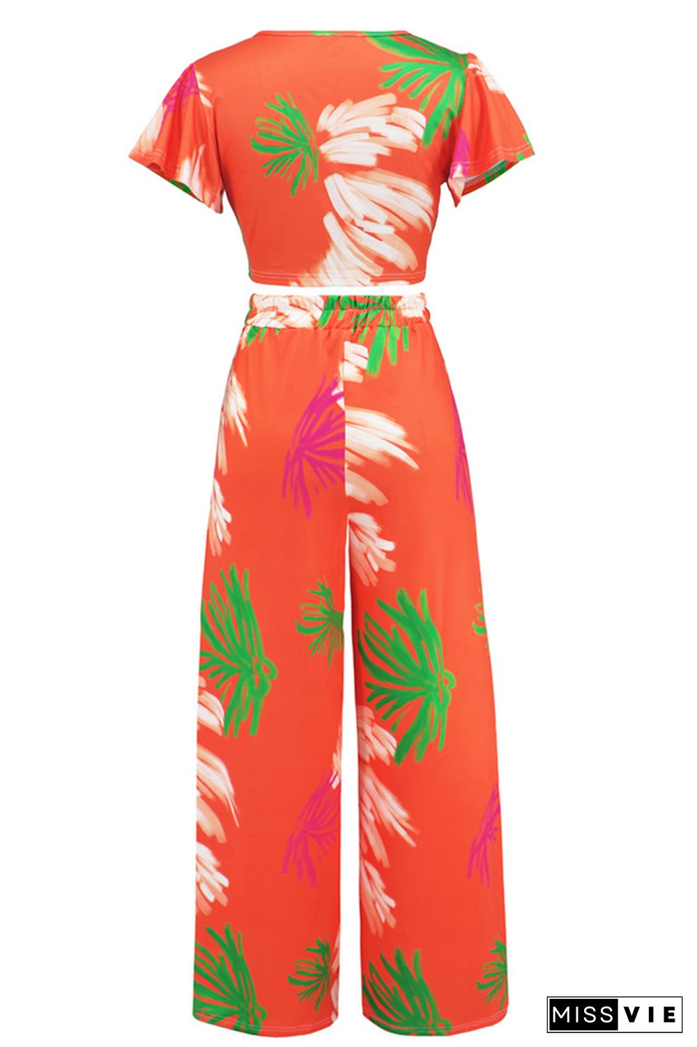 Leaf Print Crop Top and Wide Leg Pants Two Pieces Set