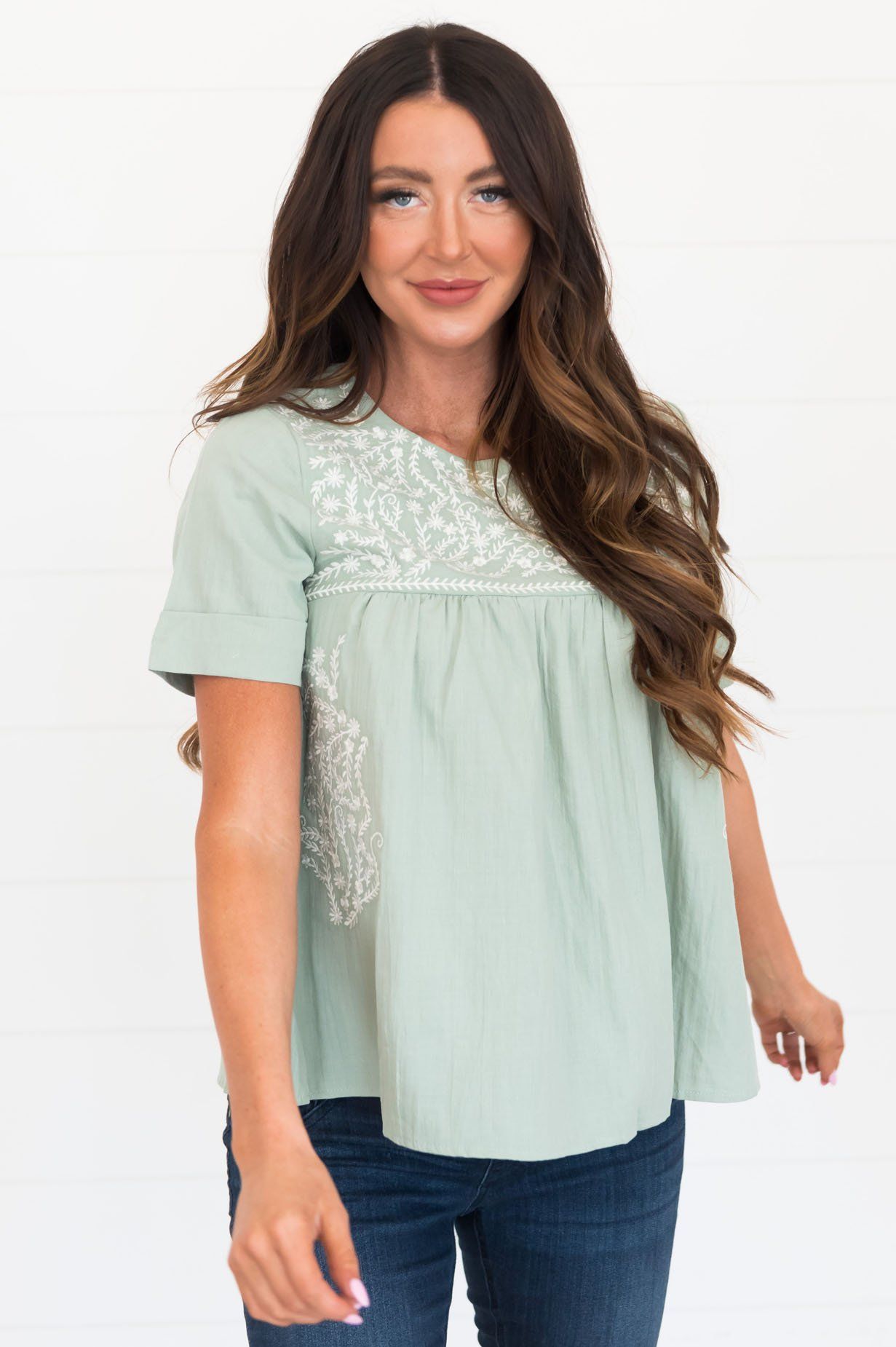 Classic Beauty Modest Embroidered Blouse