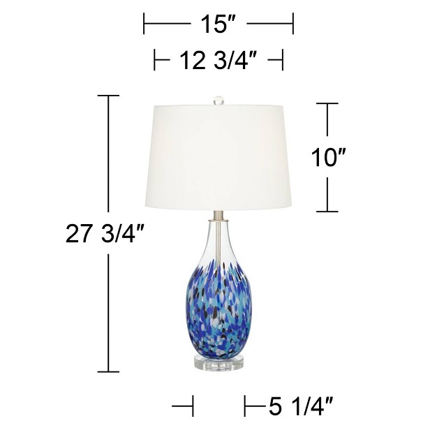 Tall Blue Art Glass White Fabric Drum Shade For Bedroom Living Room Bedside Nightstand Office House