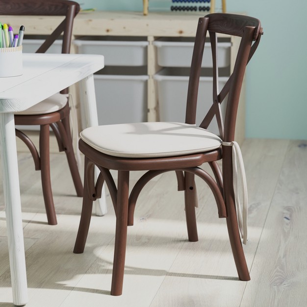 Merrick Lane Kid x27 s Stackable Ash Wood Crossback Chair In A Mahogany Finish With Cushion And Plastic Floor Glides