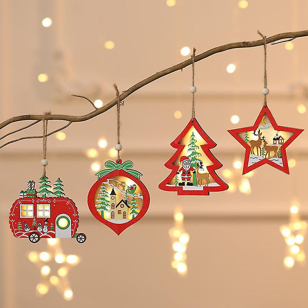 Wooden Christmas Tree Car Peach Led Light Lanyard Hanging Ornament Decor