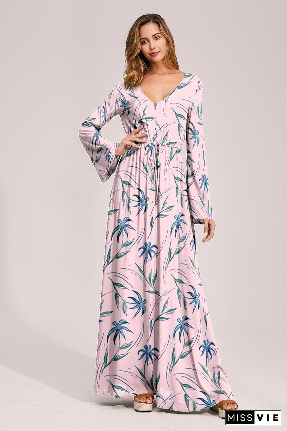 Floral Deep Long Sleeves Tie Back Ruffled Hem Maxi Dress