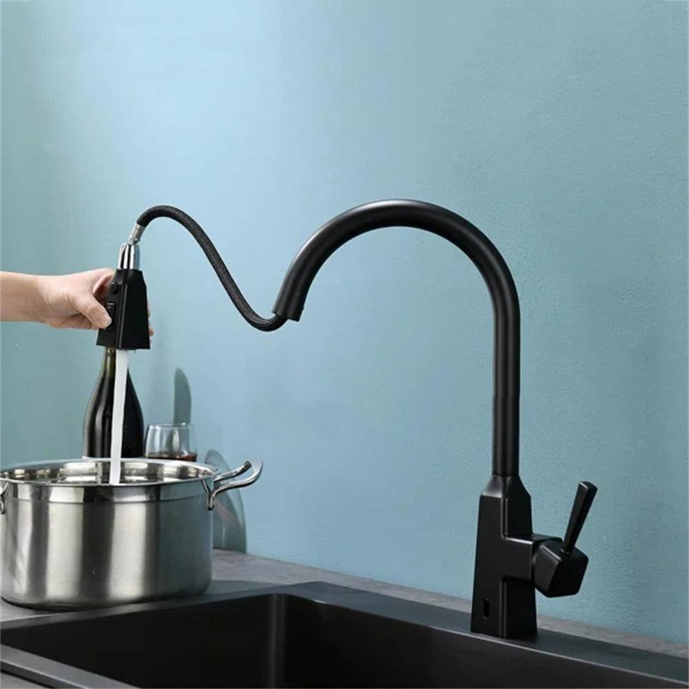 FLG Touchless Pull Down Kitchen Faucet With Sprayer Matte Black Kitchen Sink Faucet 1-Hole Smart Modern Vanity 1 Handle Taps CC-0002-MB