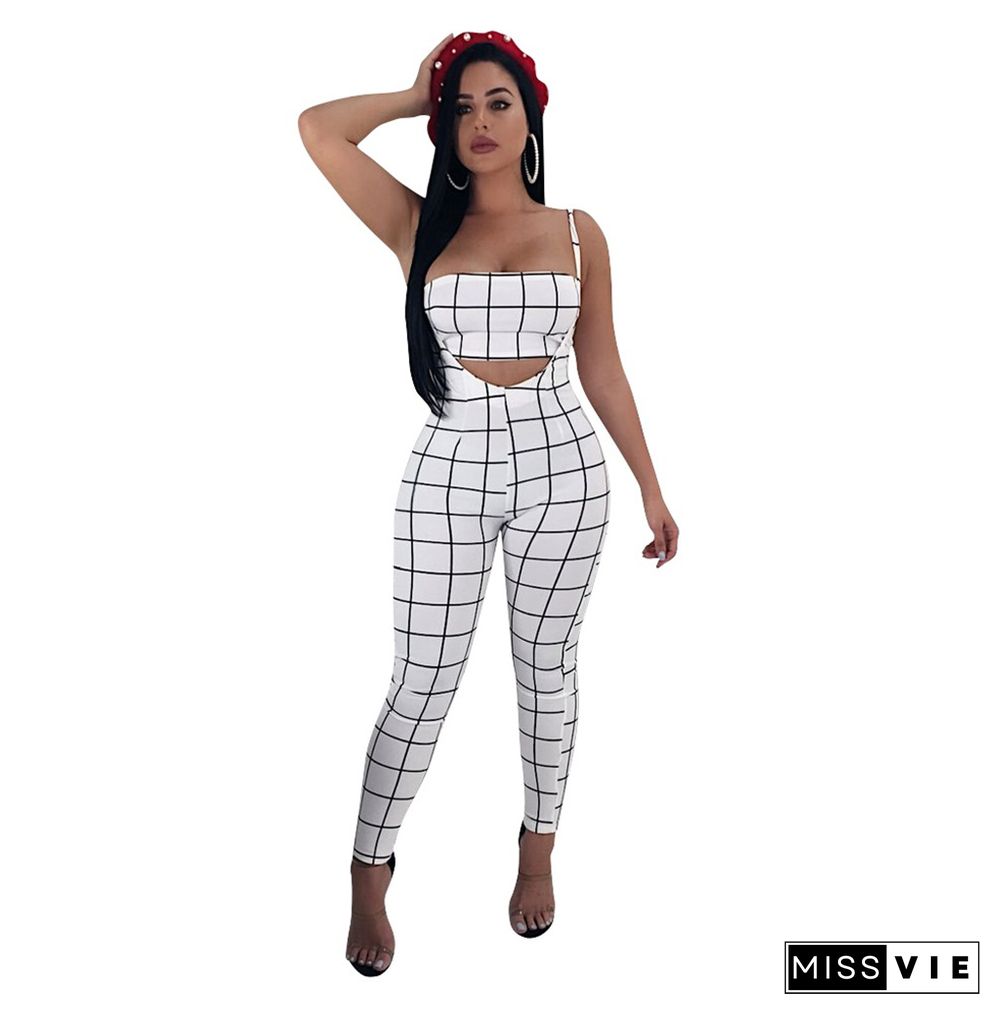 Plaid Strapless Crop Top+Skinny Jumpsuit Matching Sets