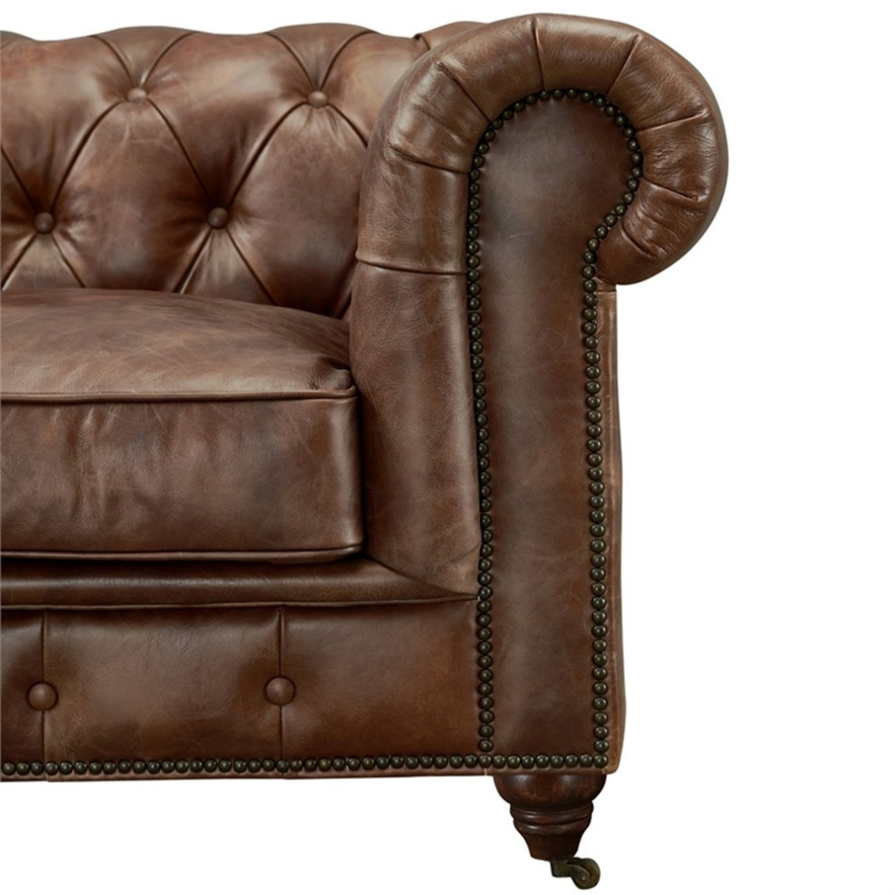 Century Top Grain Leather Chesterfield Arm Chair  Bark Brown Leather   Traditional   Armchairs And Accent Chairs   by Homesquare  Houzz