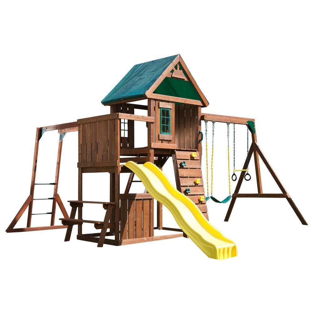 Swing-N-Slide Playsets Chesapeake Deluxe Complete Wooden Outdoor Playset with Slide Rock Wall Swings and Backyard Swing Set Accessories PB 8010