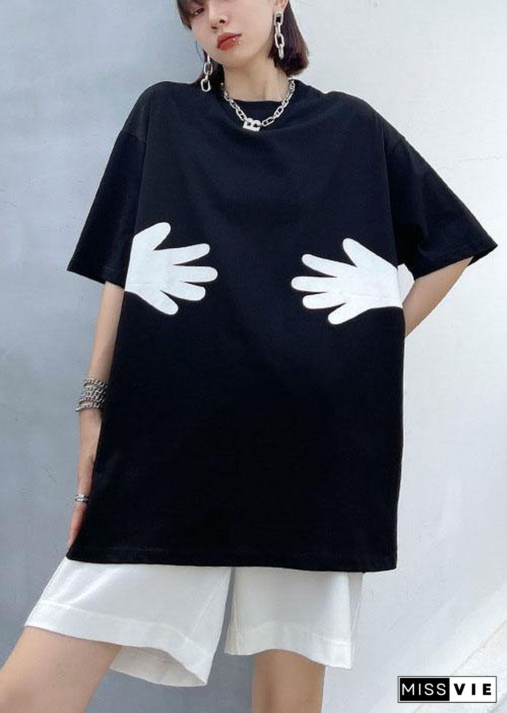 Plus Size Black O Neck Hug pattern Cotton Tee