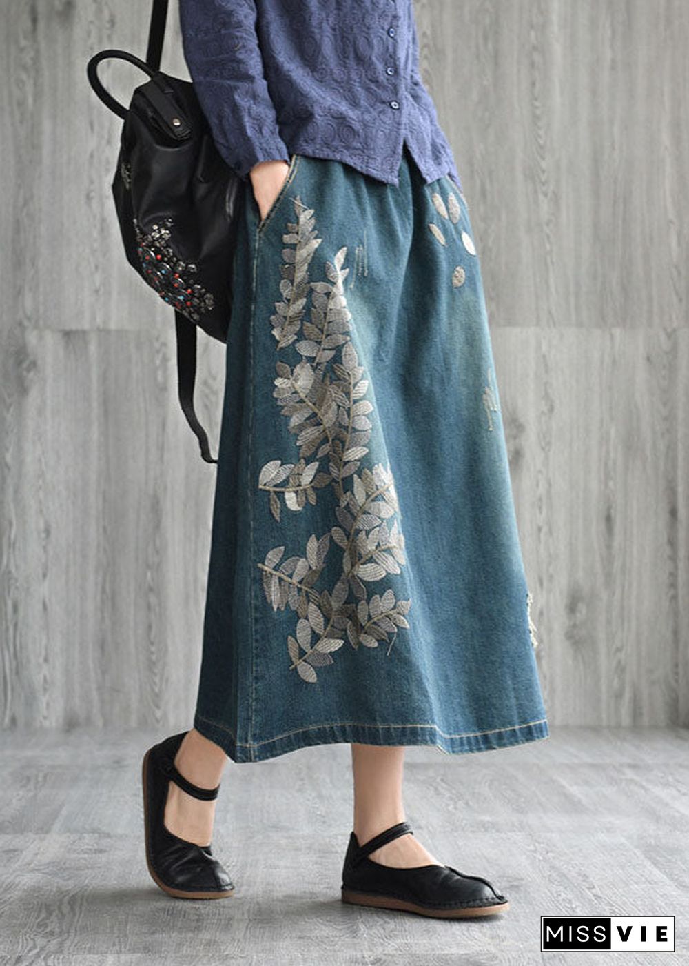 Unique Navy Patchwork Embroideried Denim Skirt Spring