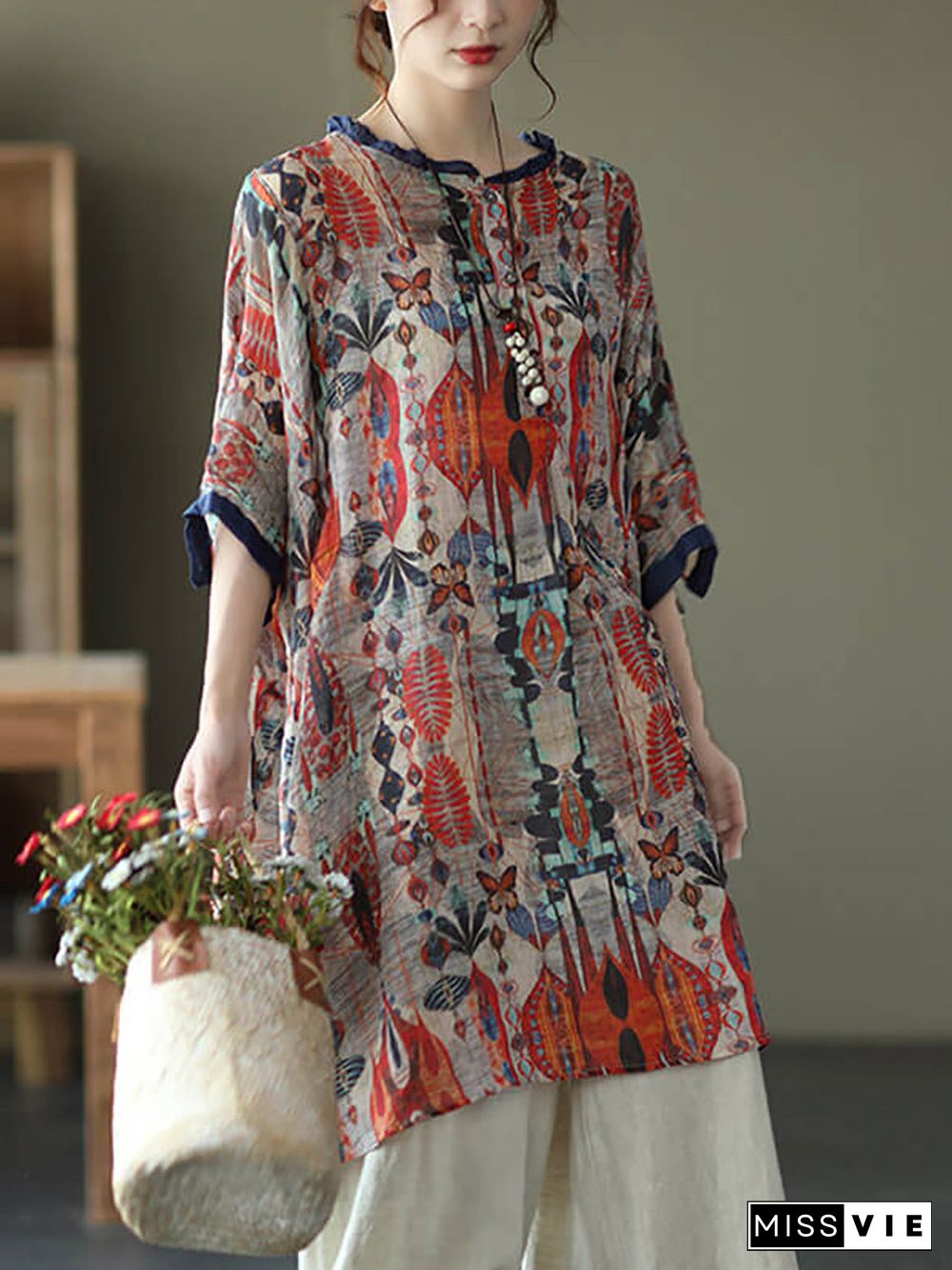 Plus Size - Ramie Floral Vintage Women Print Casual Shirt