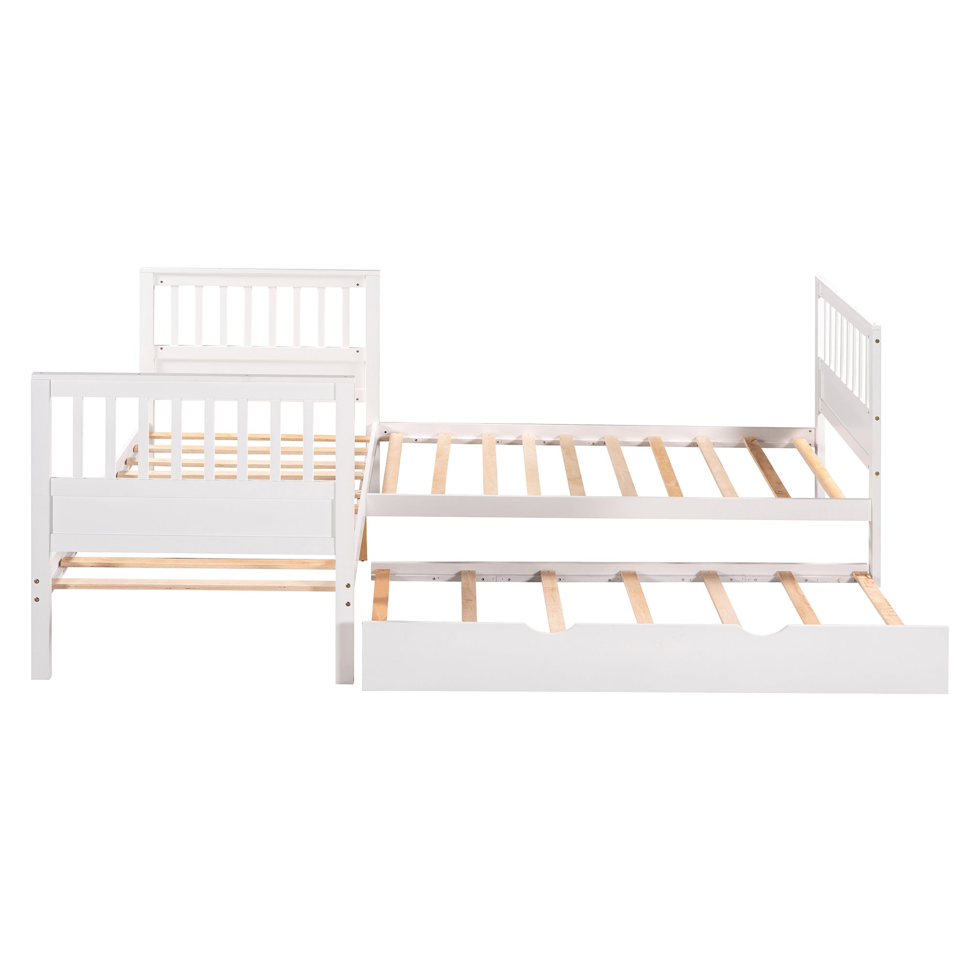 Wood Twin Size L-Shaped Platform Bed with Trundle for Kids Bedroom, White