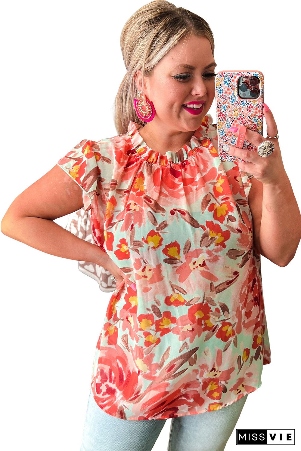 Red Plus Size Watercolor Floral Print Frill Neck Blouse