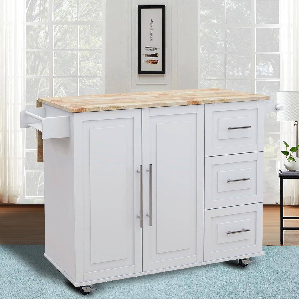 43.7 in. W Modern White Solid Wood Table Top Kitchen Island with Spice Rack and Towel Rack wykkisland01