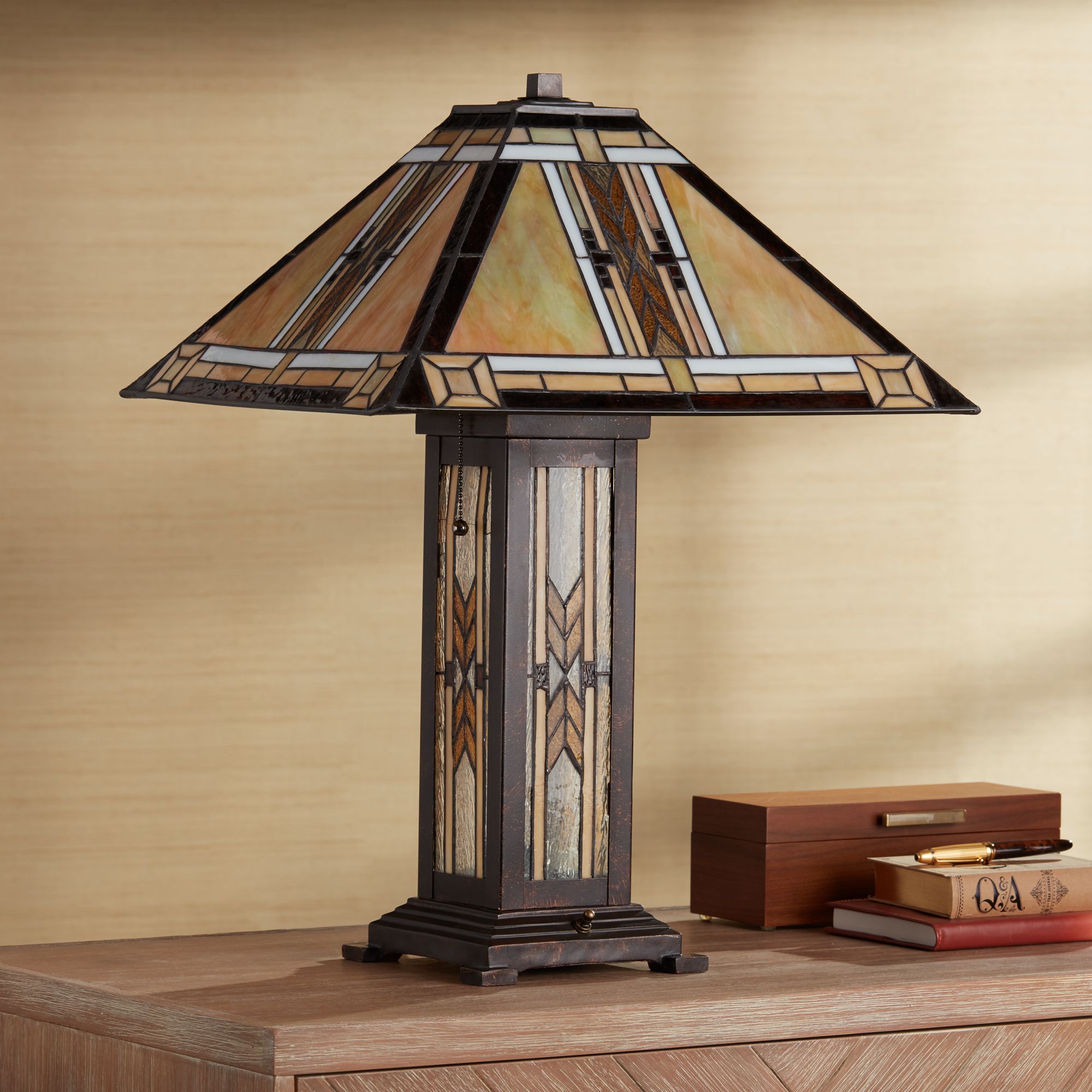 Franklin Iron Works  Style Table Lamp with Nightlight Mission 25.5" High Bronze Stained Glass for Living Room Family Bedroom (Color May Vary)