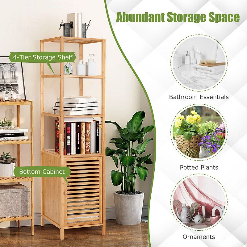 4 Tiers Slim Wicker Floor Storage Cabinet With Shutter Door And Anti-toppling Device-natural