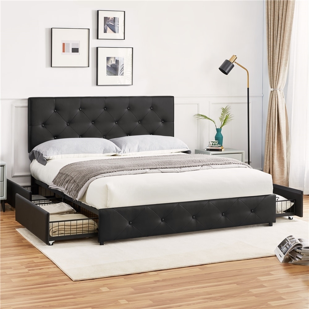 Yaheetech Bed Frame with 4 Drawers Storage Button tufted Upholstered Bed with Adjustable Headboard