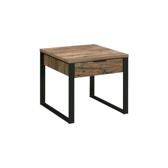 End Table Weathered Oak and Black Finish 2 Storage Drawers 1 Open Compartment Metal Sled Base，Size : 24