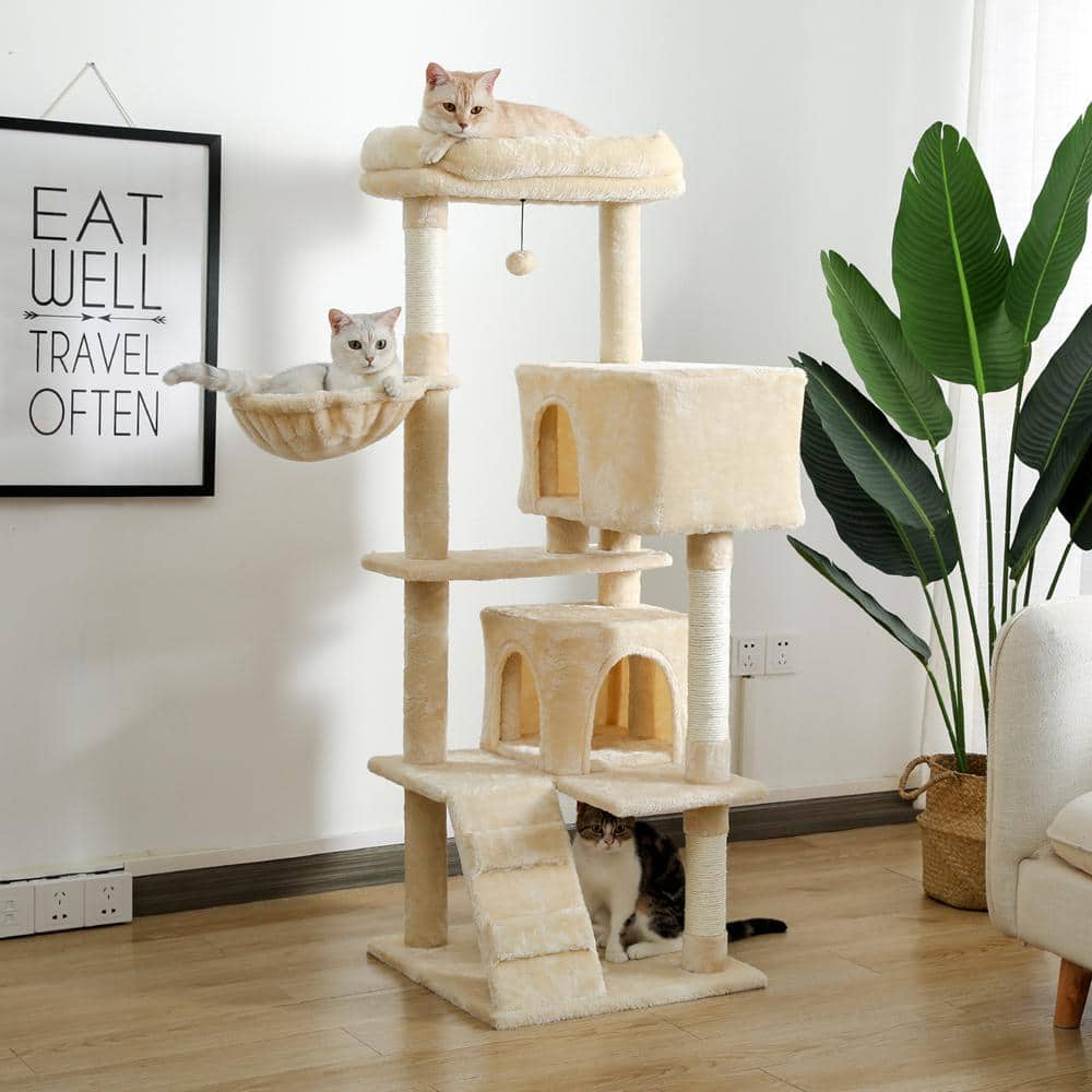 Foobrues 56.30 in. H Pet Cat Scratching Posts and Trees with Super Large Perch Double Condo Hammock in Beige LNN-P23168236