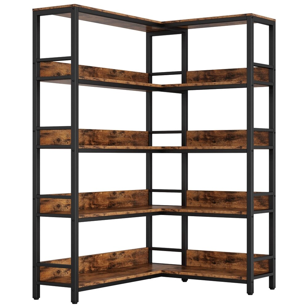 Industrial Bookshelves 5 Tiers Corner Bookcases with Baffles Etagere Shelf Storage Rack