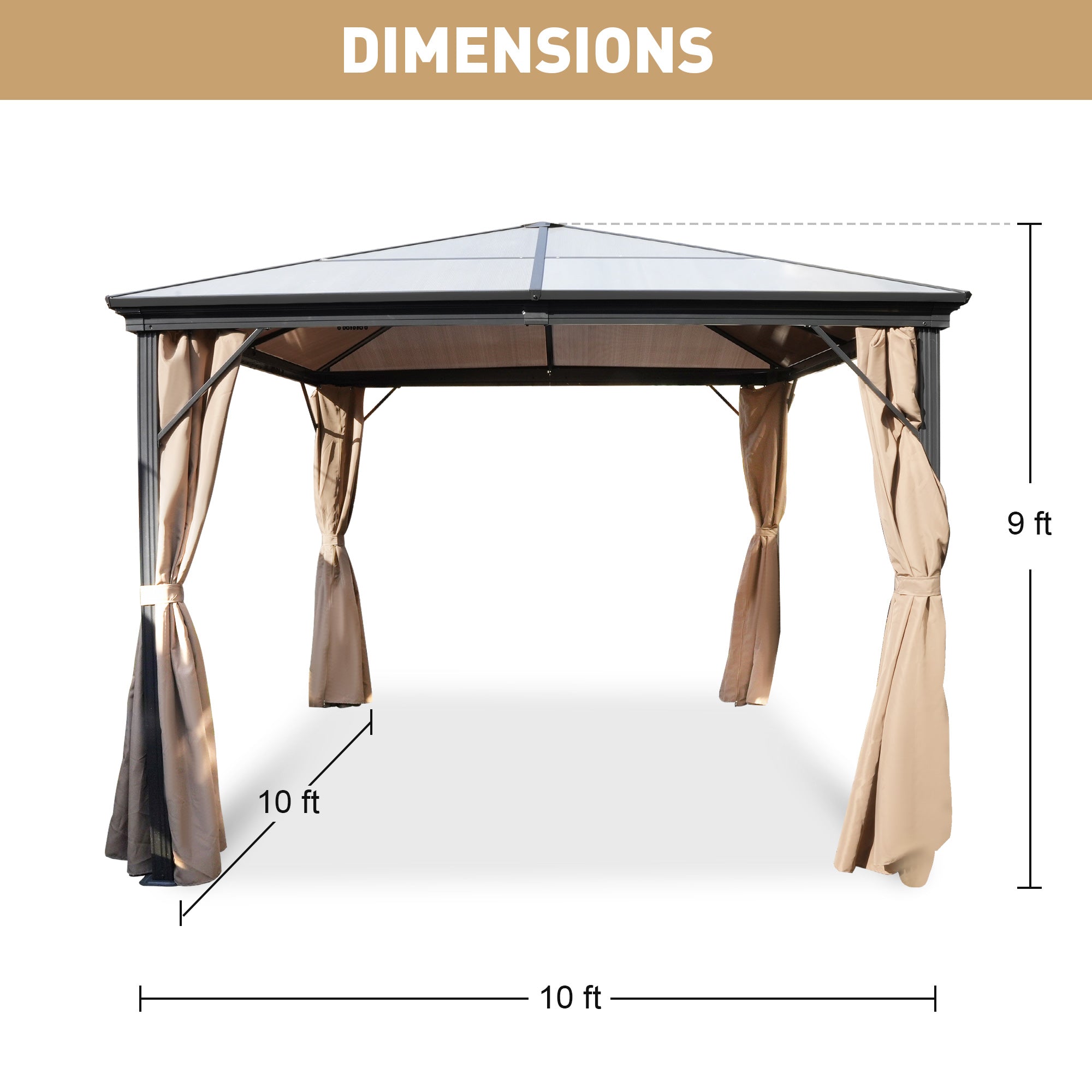 10x10 FT Hardtop Outdoor Gazebo, Aluminum Frame Polycarbonate Hardtop Garden Tent, Aluminum Frame Permanent Pavilion with Curtains and Mosquito Netting for Garden, Patio, Lawns, Parties