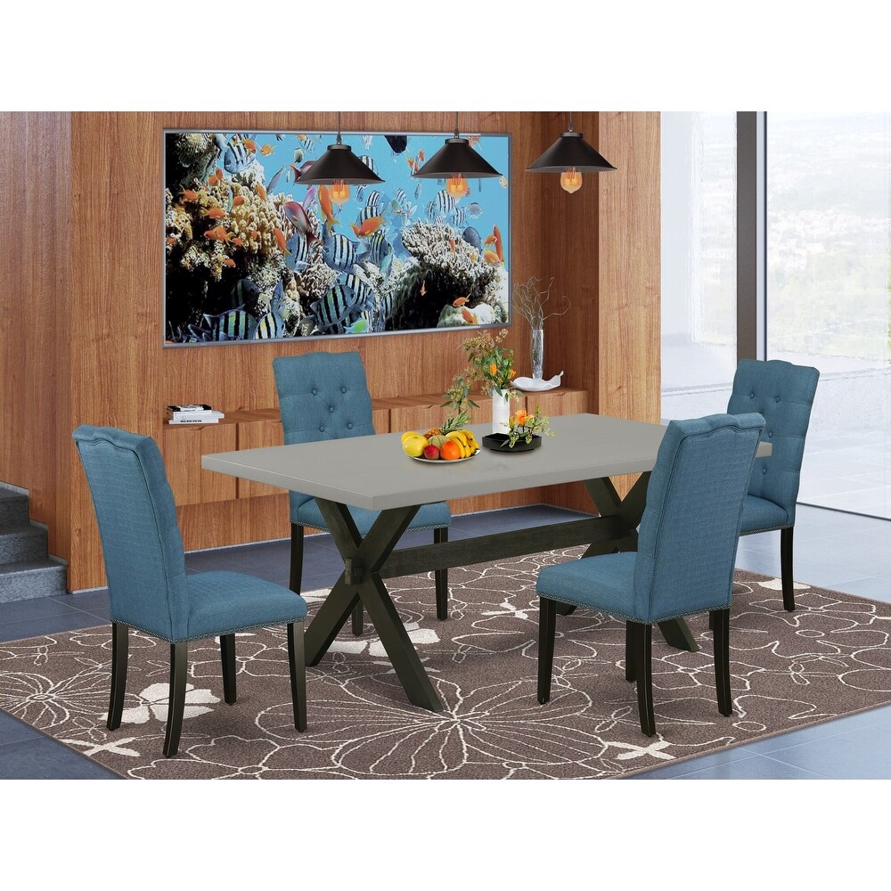 East West Furniture Dining Table Set  a Kitchen Table and Blue Linen Fabric Parson Chairs  Wire brushed Black.(Pieces Options)