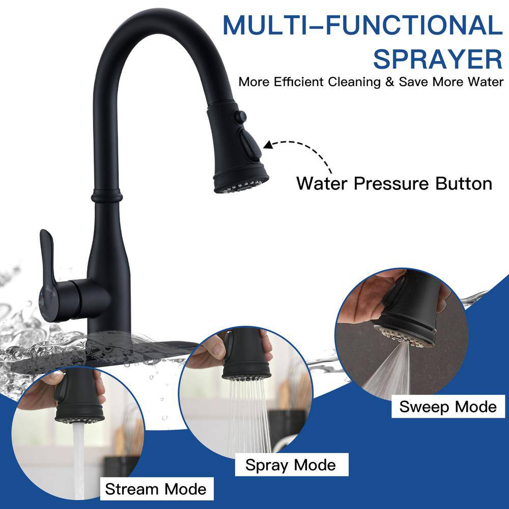 BWE Single-Handle Pull-Down Sprayer 3 Spray High Arc Kitchen Faucet With Deck Plate in Matte Black A-94002-Black