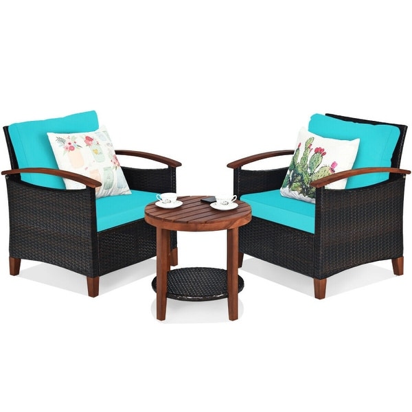 3Piece Patio Rattan Furniture Set with Solid Wood Frame