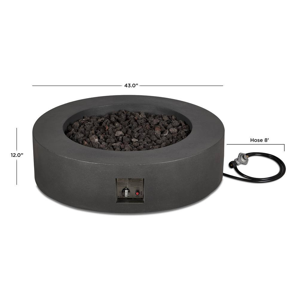 JENSEN CO Brookhurst 43 in. W X 13 in. H Round Outdoor GFRC Liquid Propane Fire Pit in Carbon with Lava Rocks 1593LP-CBN